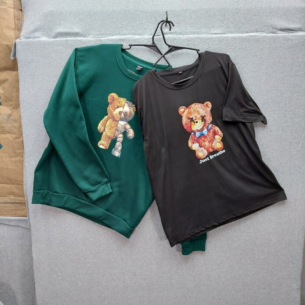 SHEIN Two Shirt Lot Bears Designs Green Black Size Large Steampunk Grunge - Picture 1 of 5
